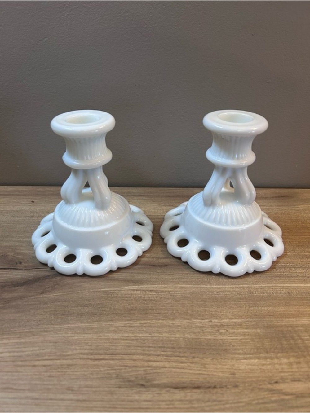 White Milk Glass Candlestick Holders - Pair
